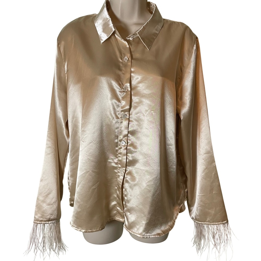 Ellison Satin Feather Trim Button Down Blouse L Champagne Boho Western Concert